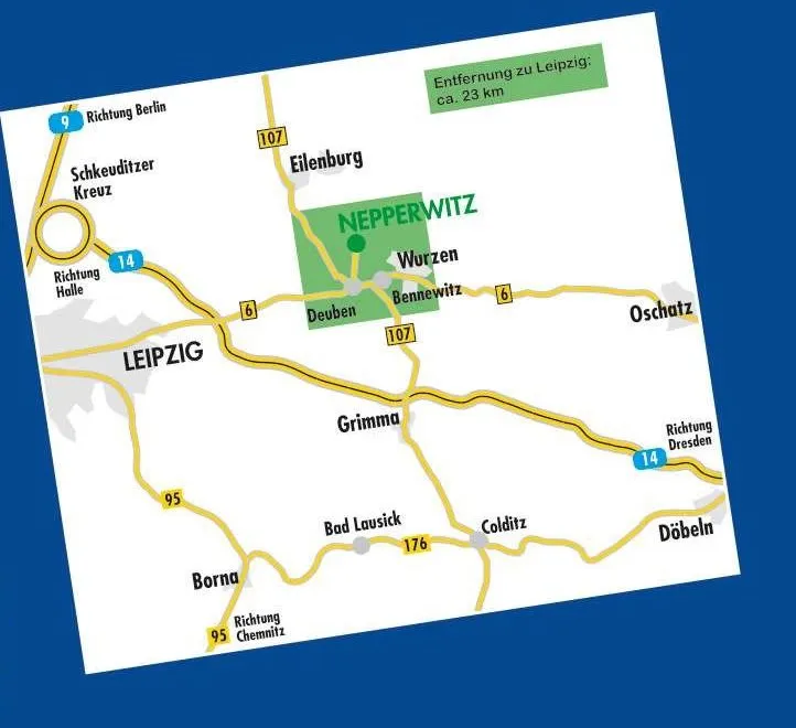 Anfahrtsskizze: Nepperwitz liegt zwischen Eilenburg und Wurzen, etwa 23 km von Leipzig entfernt