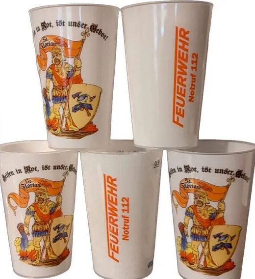Mehrwegbecher mit St.-Florian-Motiv und Schriftzug Feuerwehr Notruf 112
