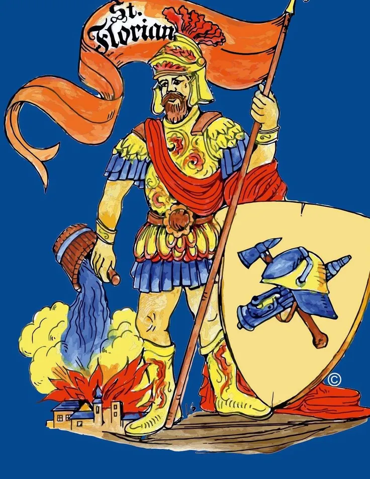 Handkoloriertes Motiv des heiligen Florian mit Fahne und Feuerwehrwappen